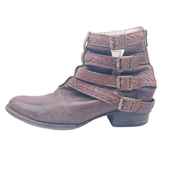 Freebird Women's Almond Toe Braided Buckled Straps Brown Leather Ankle Boots 10 - Picture 2 of 11